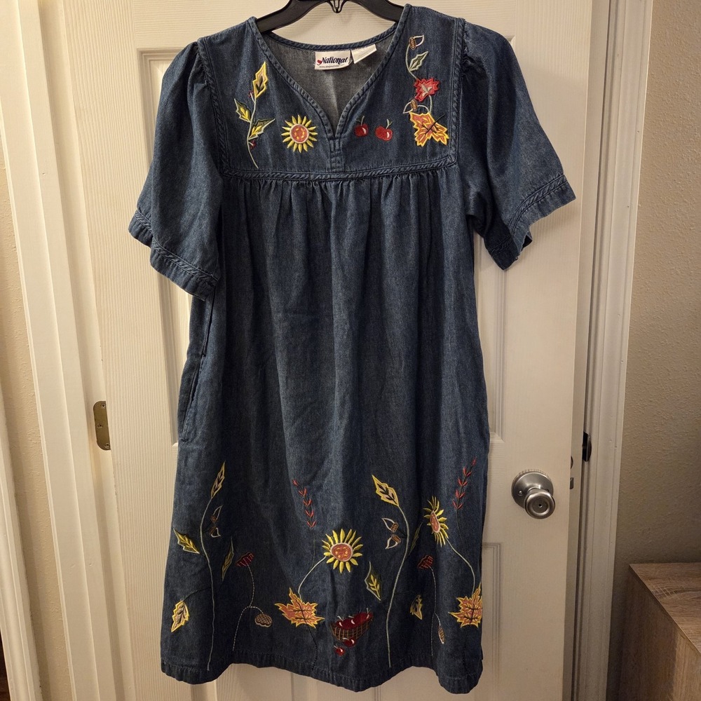 National sz M floral embroidered patio midi denim dress cottagecore garden bloom